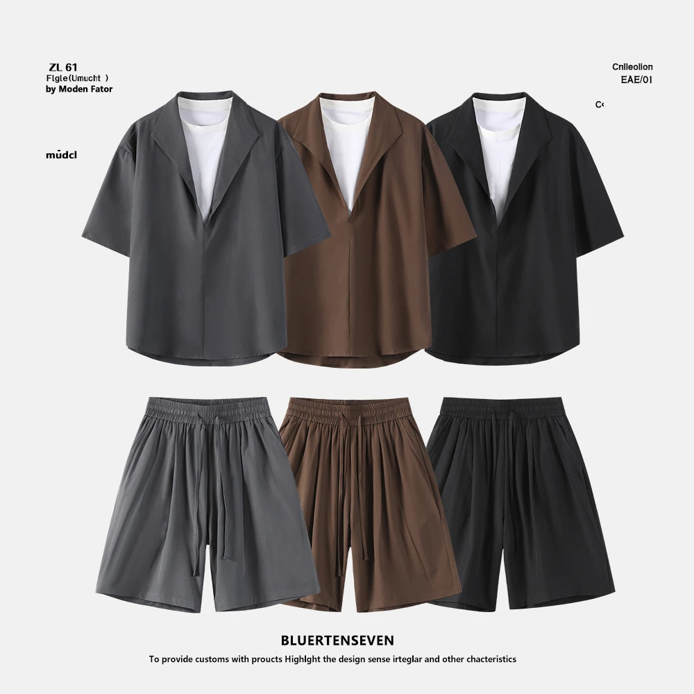 休闲假两件衬衫短袖夏季时尚套装宽松短裤