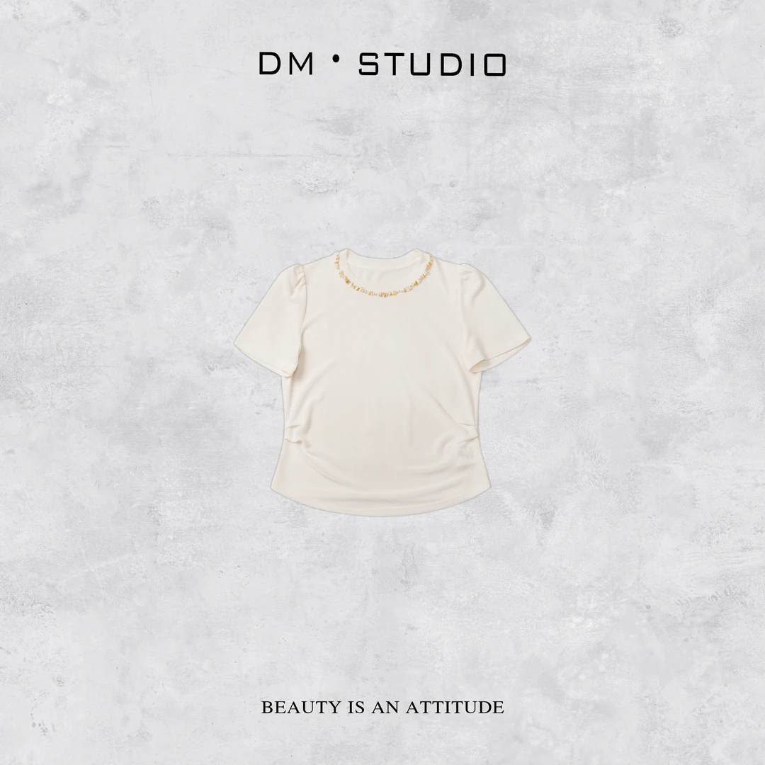 -DM•STUDIO/修身高弹异形贝壳醋酸圆领短袖T恤上衣（83511）