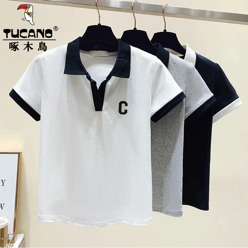 啄木鸟新款短袖t恤女士翻领POLO衫夏季爆款时尚洋气小众撞色上衣