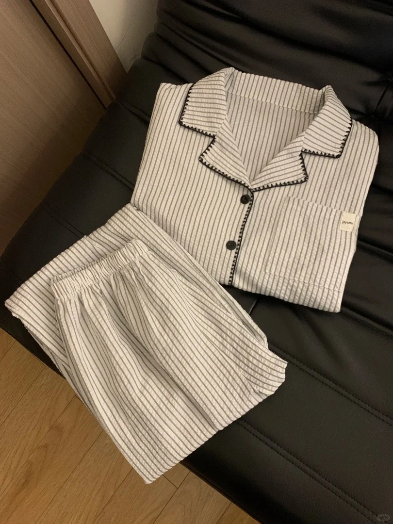 【DMXJ大梦想家】韩版简约潮流撞色条纹睡衣女早秋款宽松显白居家服