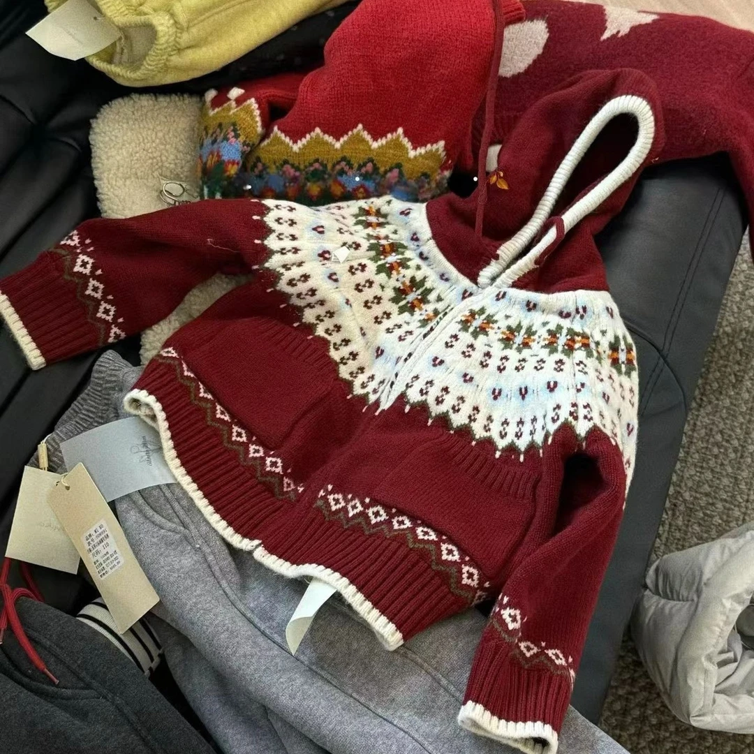 【歪歪妞童装】68337儿童费尔岛风红色新年圣诞毛衣女童加厚针织衫