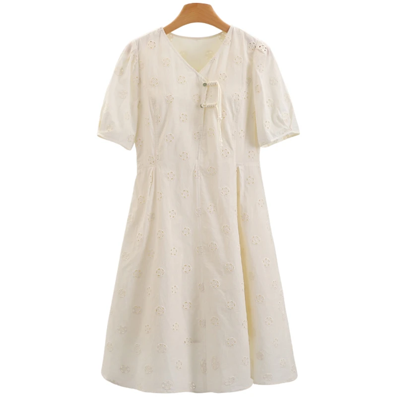 F1374-【恋】淑女气质短袖V领透气收腰连衣裙#BML56L005