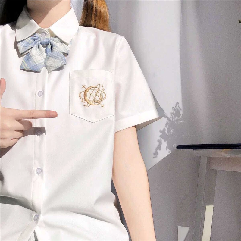 [星鲸落]原创jk制服日系女学生黑白色短袖夏款基础款刺绣衬衫上衣