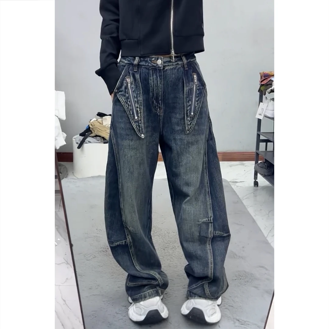 艾塔莉早秋新款美式阔腿裤高腰牛仔裤水洗做旧拉链设计大码弯刀裤