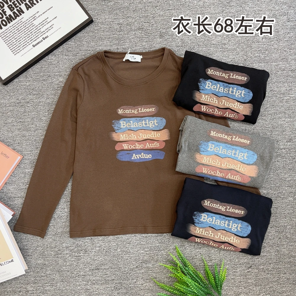 彩绘刺绣图案磨毛绒圆领百搭上衣打底衫