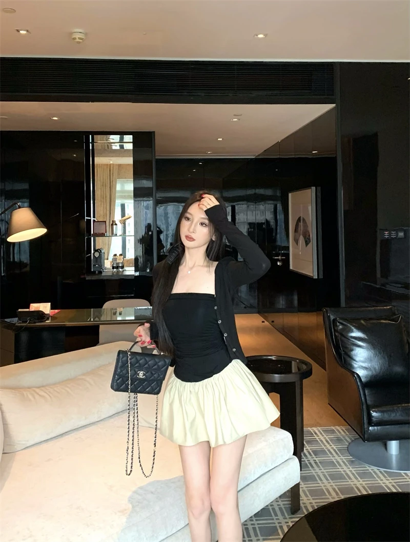 性感辣妹抹胸小香风拼接收腰显瘦连衣短裙#A804
