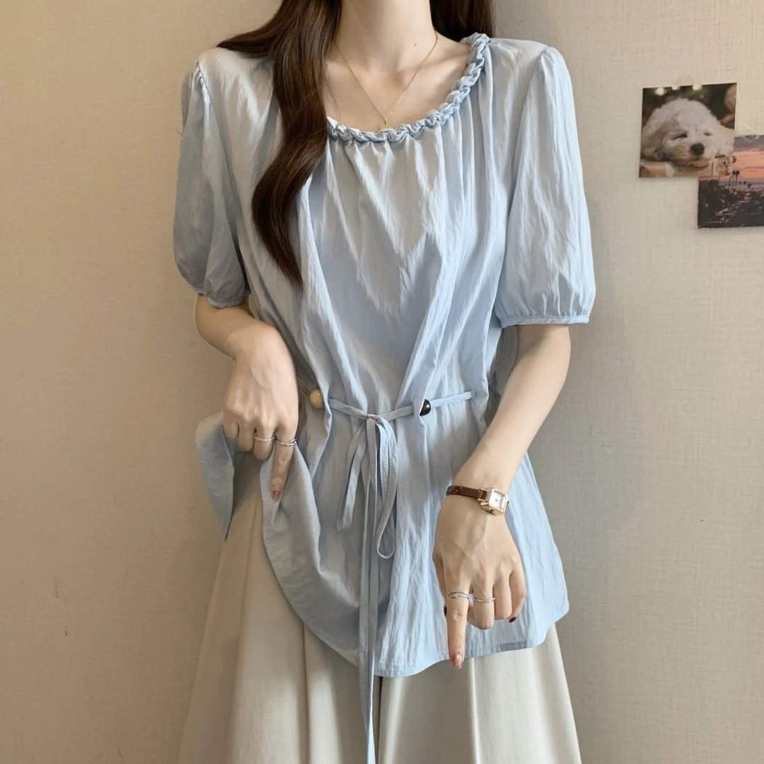 浅蓝色串珠收腰短袖衬衫女夏季大码胖mm遮肚中长款正肩娃娃衫上衣