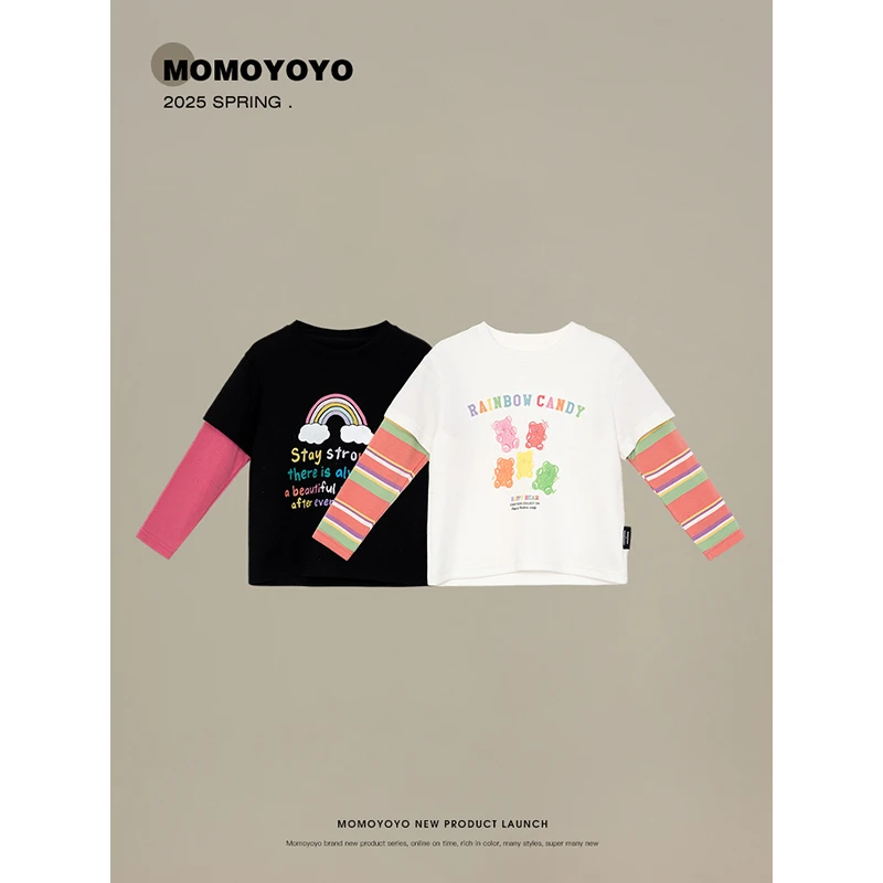 【彩虹熊】春款儿童洋气假两件休闲印花T恤汉服 7665X