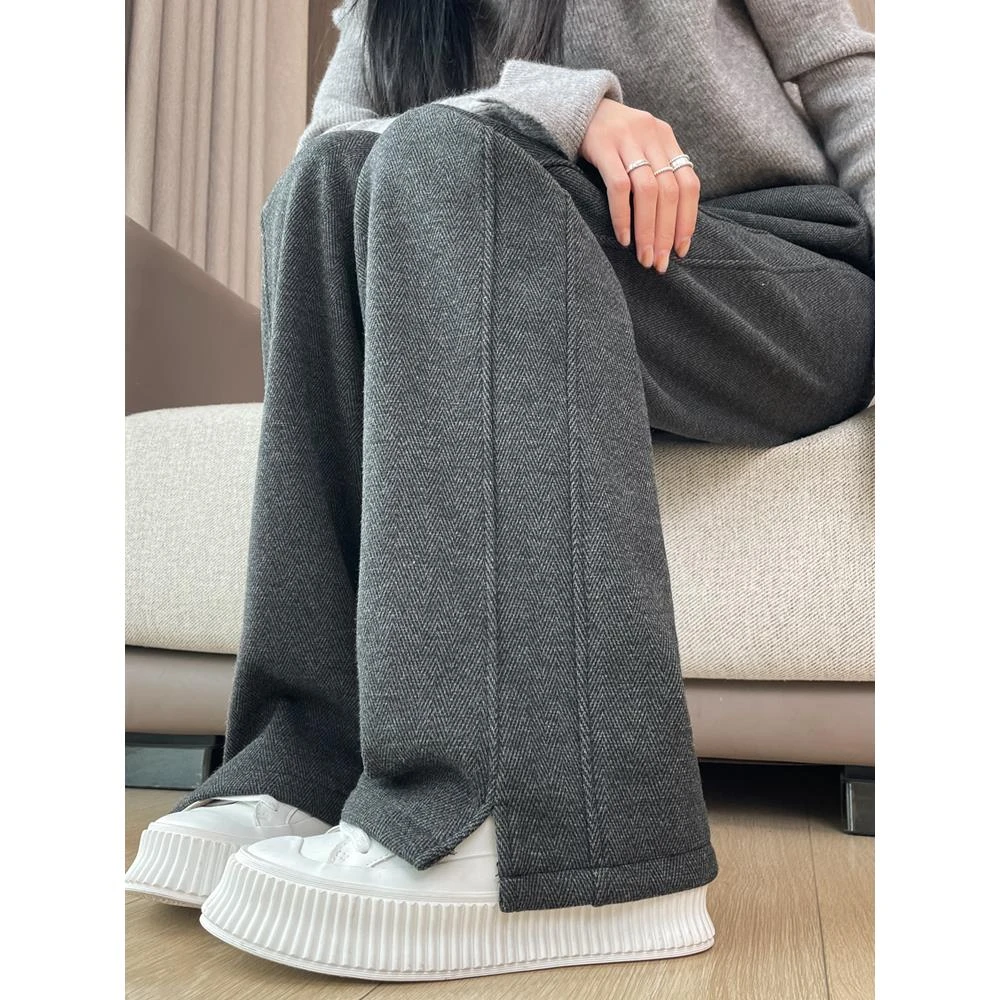 灰色直筒裤女秋冬加绒裤子女冬季加厚人字纹毛呢女裤窄版阔腿裤女