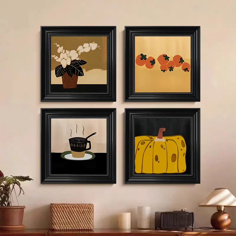 中古风客厅装饰画卡通小众沙发背景墙挂画黄南瓜卧室四联4040*4