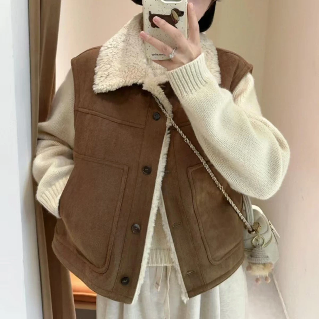 联名款韩系复古高级感皮毛一体马甲外套女秋冬新款洋气时尚外套