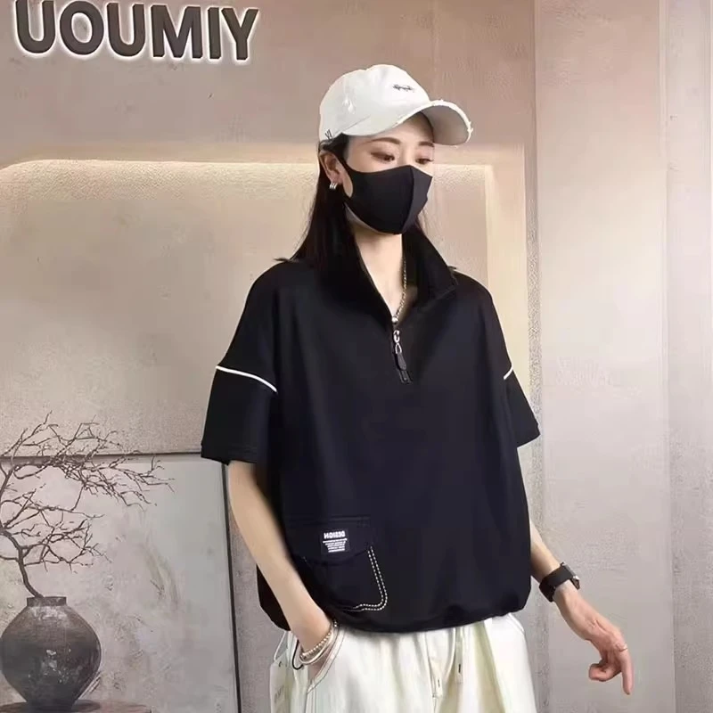 2025年夏季新款时尚减龄宽松显瘦半拉链立领设计感短袖T恤上衣女