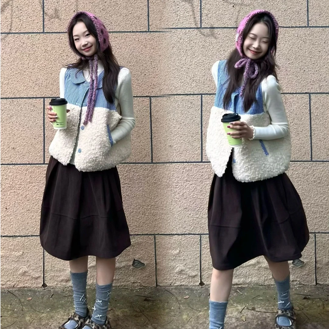 chicnini韩系格子毛毛马甲+灯芯绒花苞半身裙两件套女2025冬季