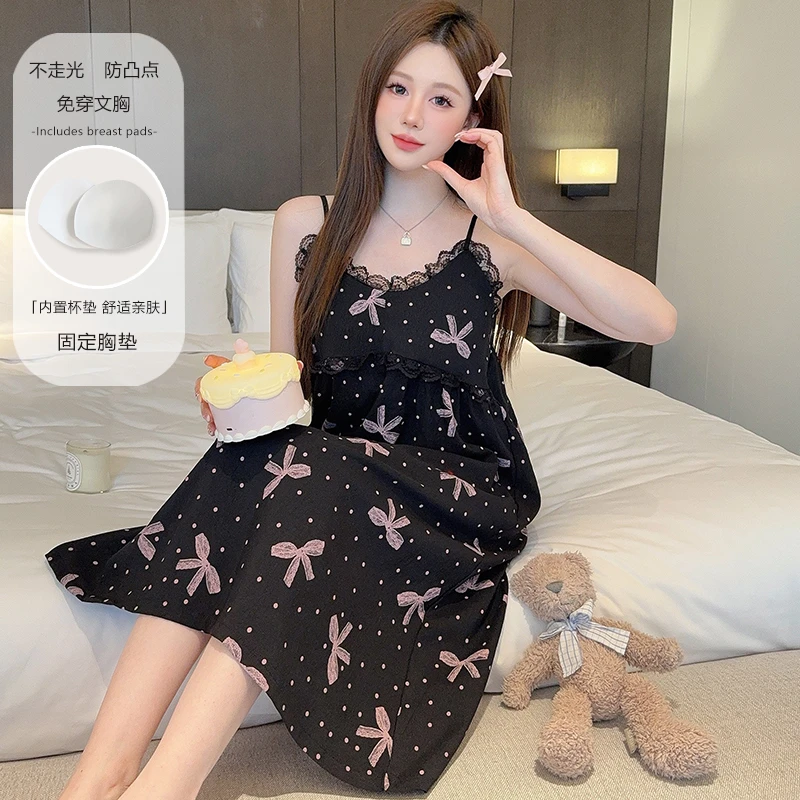 带胸垫连衣裙吊带女花边甜美睡裙纯欲宽松夏季显瘦薄款性感可外穿