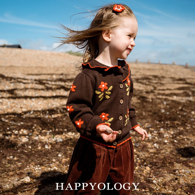 Happyology英国儿童秋冬装上衣新款毛衣女童圆领花朵童装男童开衫
