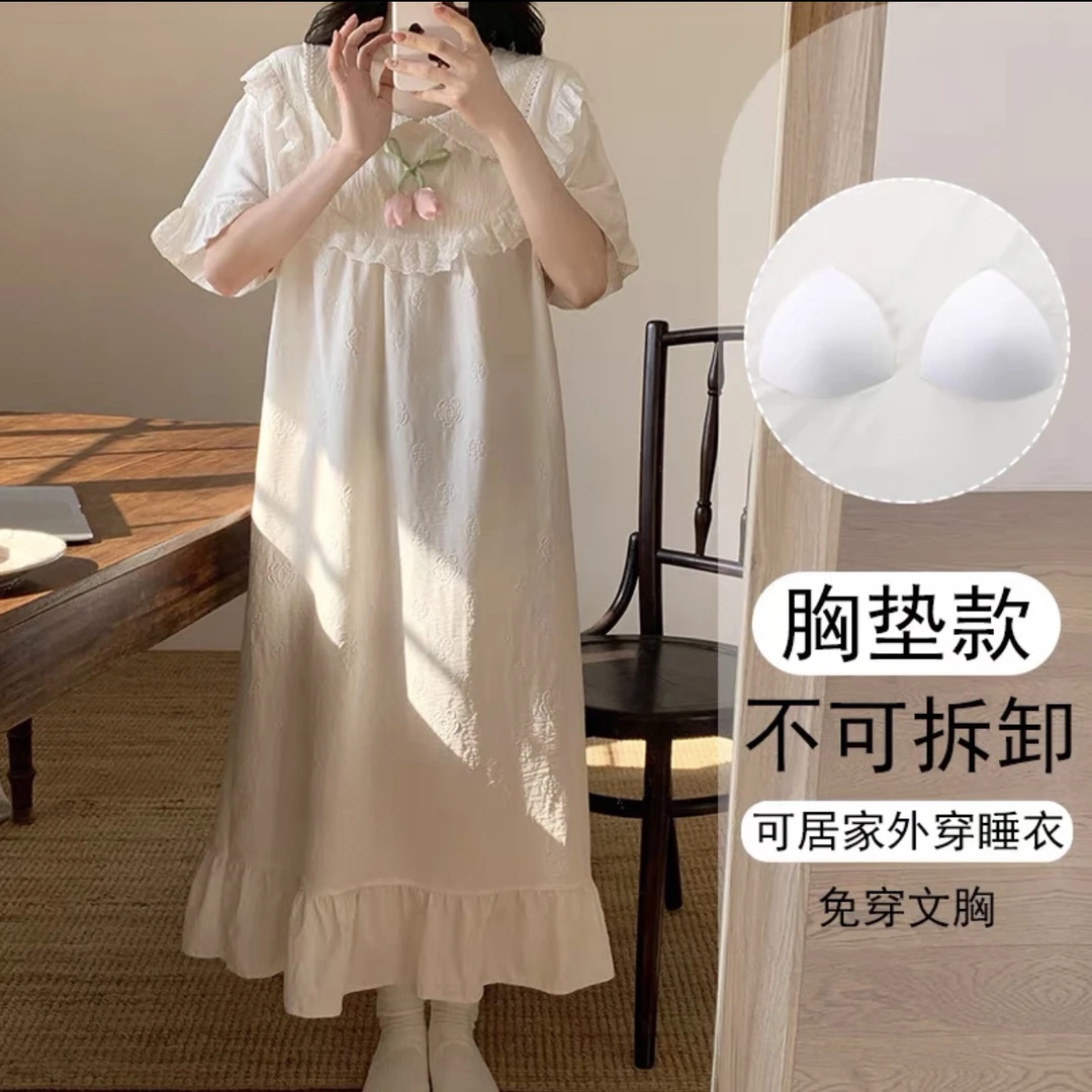 【12】睡衣可外穿全棉女大学生可爱少女蕾丝碎花薄款带胸垫的睡裙