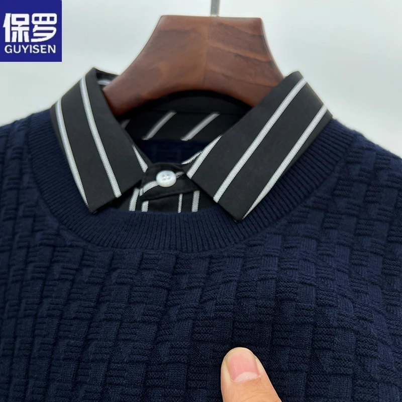 保罗正品假两件加厚针织衫秋冬季提花衬衫领休闲毛衣长袖内搭打底