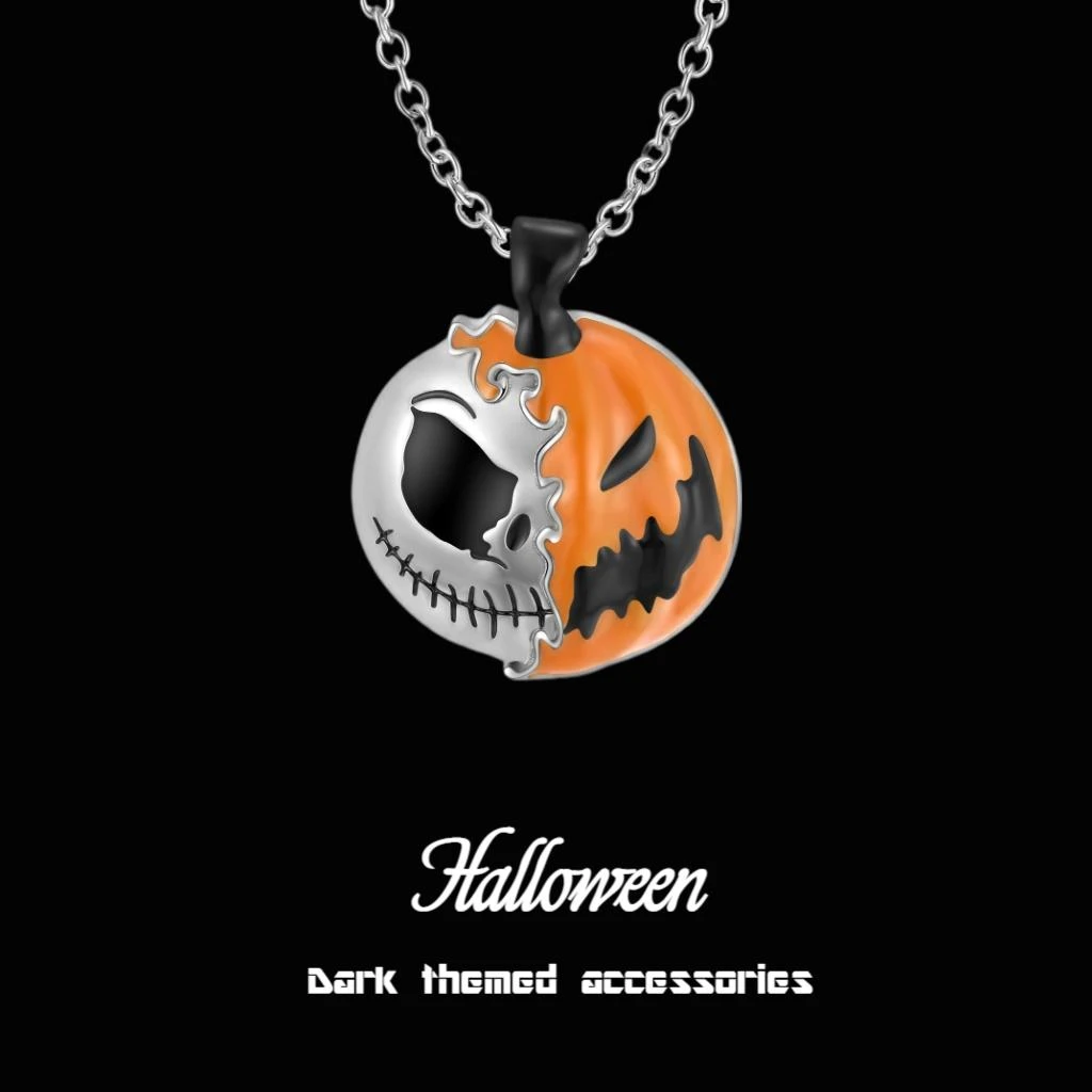 钛钢树脂吊坠 万圣节项链个性双面南瓜骷髅头项饰时尚创意ins复古
