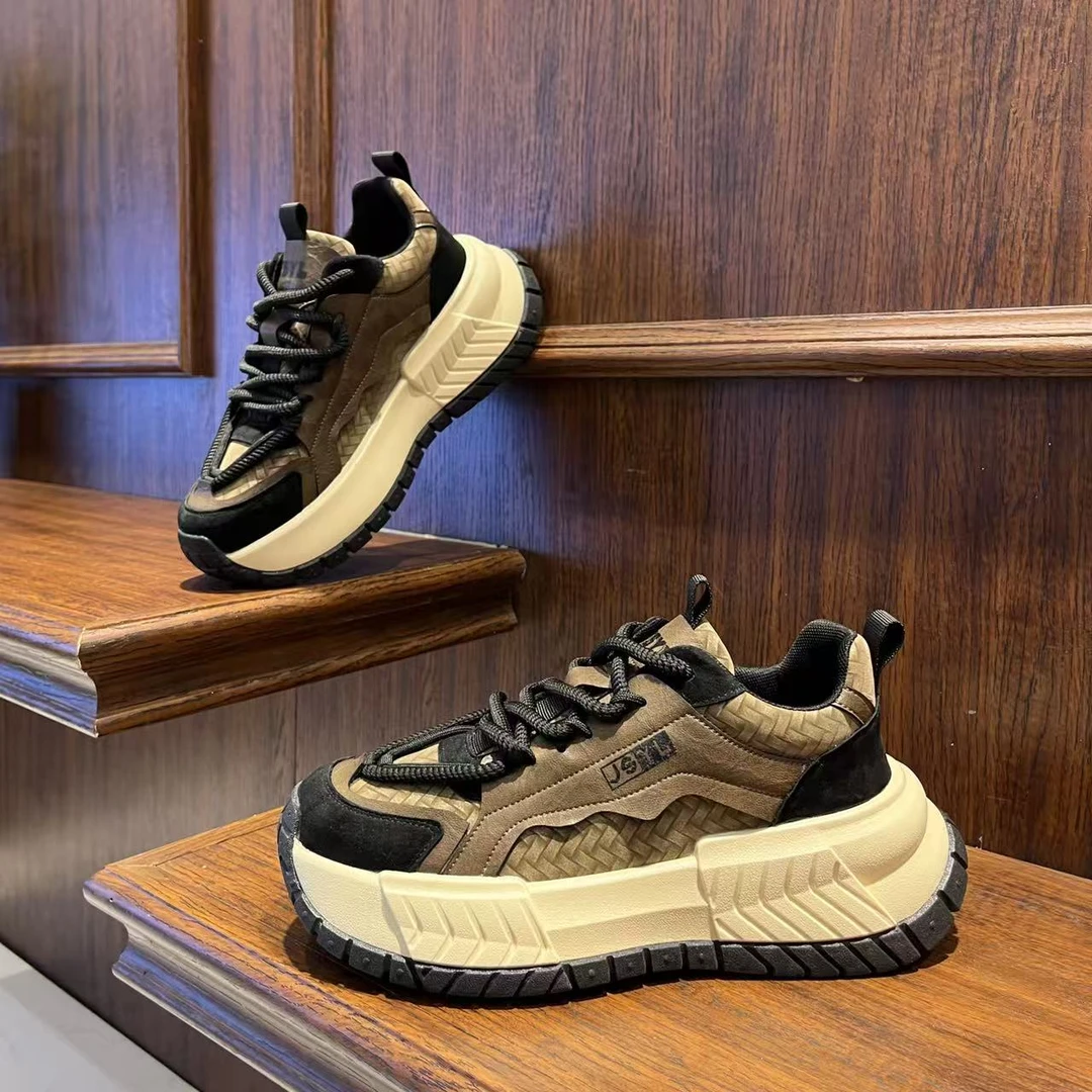 男鞋时尚秋冬季复古风百搭厚底休闲鞋低帮系带潮流增高男生鞋子