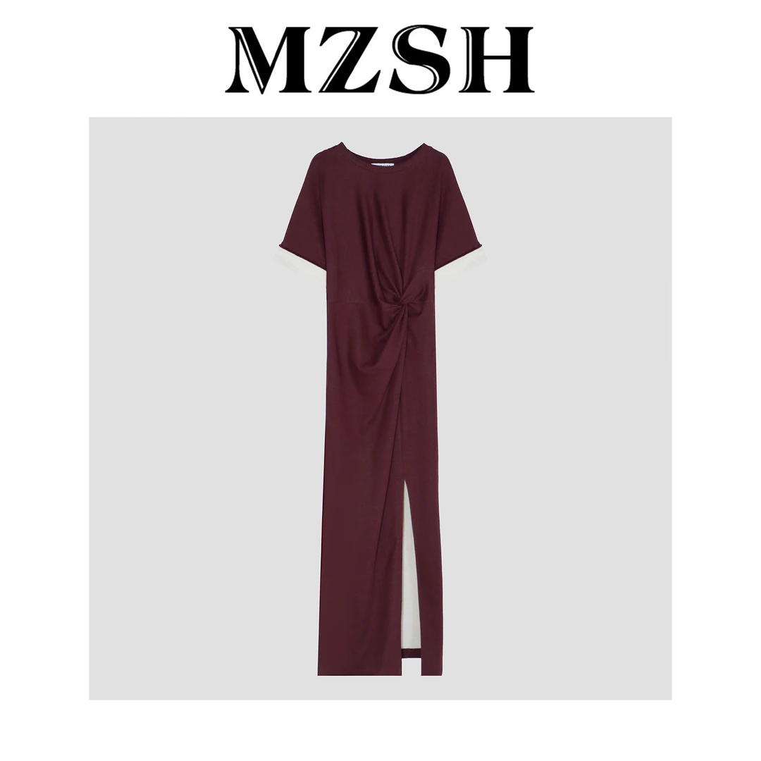 【MZSH】设计款侧开衩圆领褶皱短袖连衣裙DLMZSH207