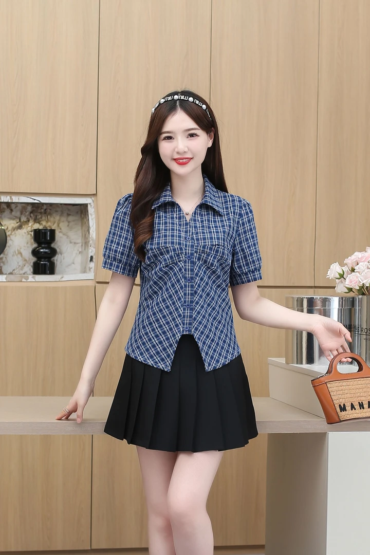 复古风格子短袖衬衣夏季修身气质上衣 907# 衣长52