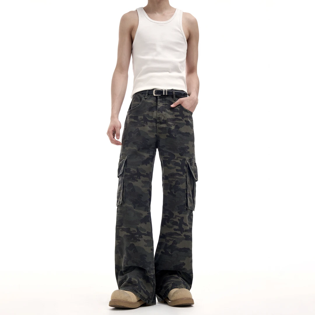 【迷彩工装】牛仔裤男款潮牌高街直筒微喇叭休闲口袋长裤