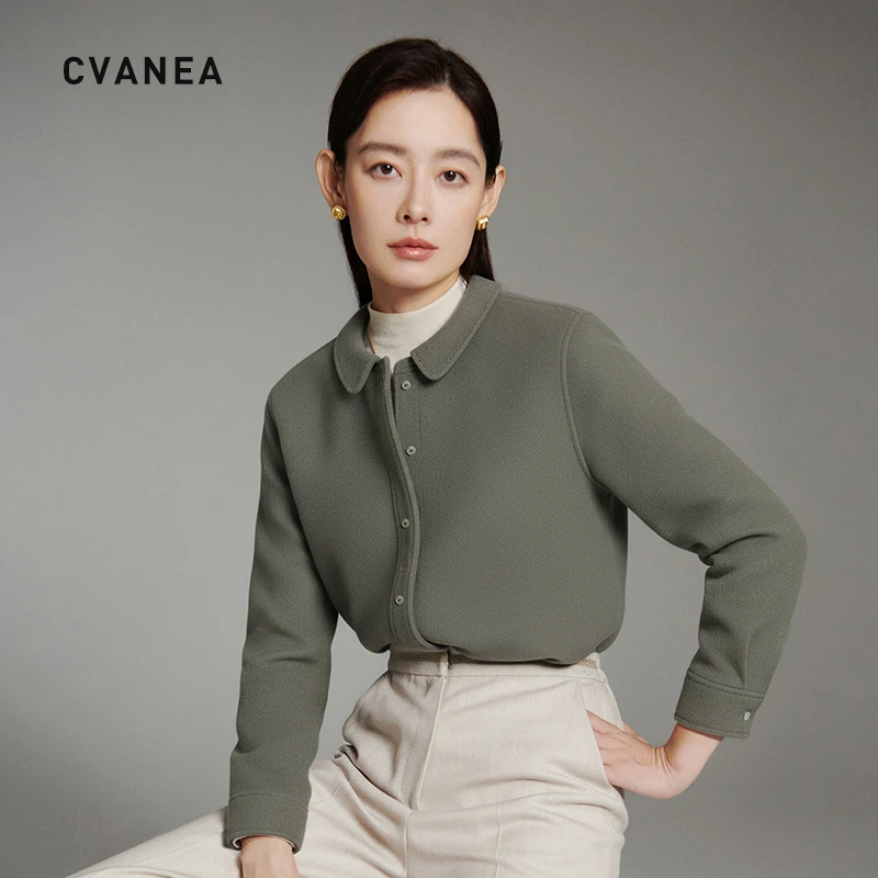 CV ' 高级定制轻奢女装 苔藓绿羊毛保暖直筒通勤百搭衬衫外套女