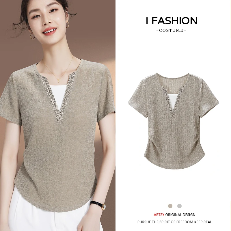 2025年夏季新款时尚洋气假两件短袖t恤女士抽褶收腰显瘦修身上衣