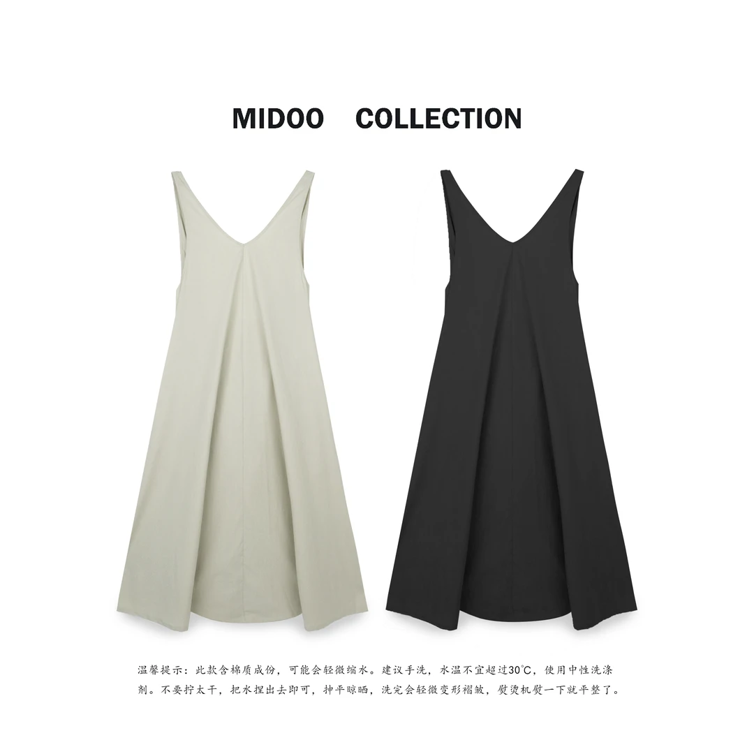 MIDOO 气质绝美2024 V领无袖大摆长款连衣裙