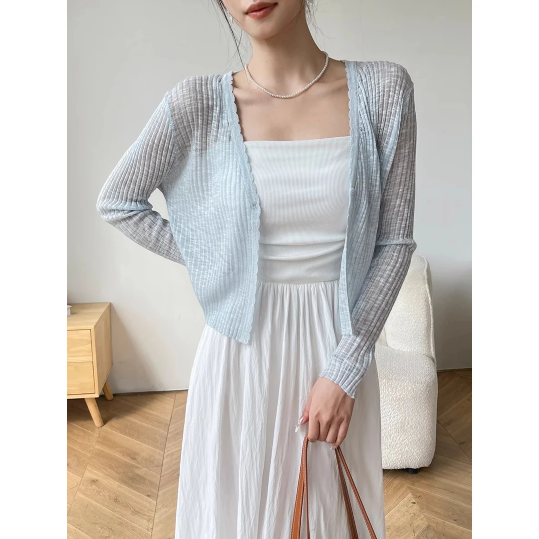 浅蓝色针织开衫女2025新款夏外套薄款长袖防晒上衣显瘦外穿设计感