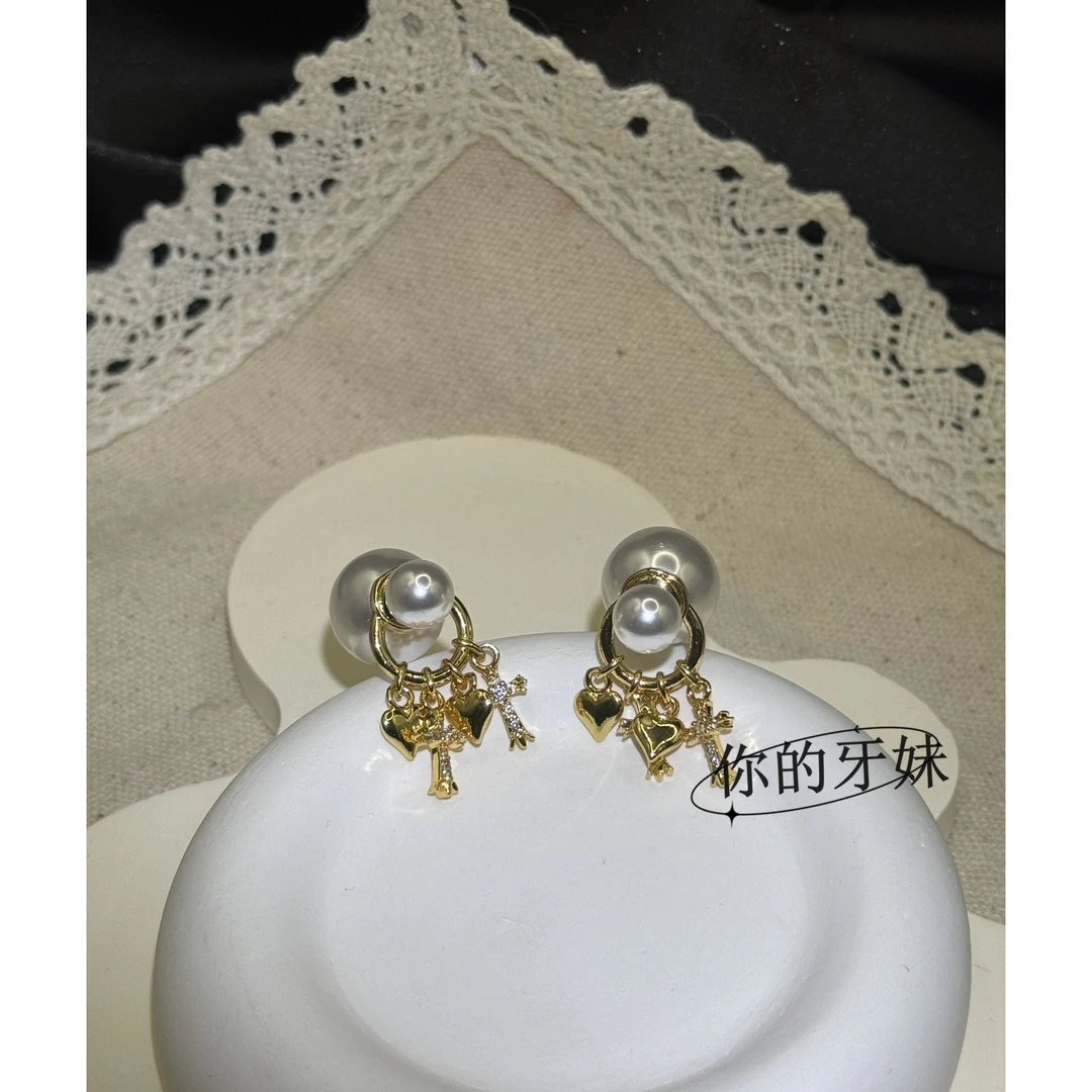 合金耳饰 大小珠珠爱心十字耳钉ED265复古时尚轻奢精致百搭时尚