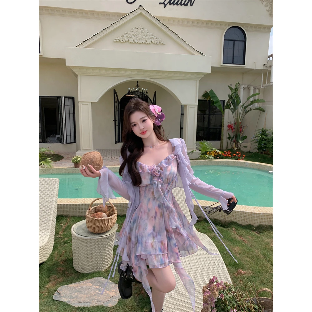氛围感油画碎花雪纺裙女2025春夏新款微胖大码吊带裙子+开衫套装
