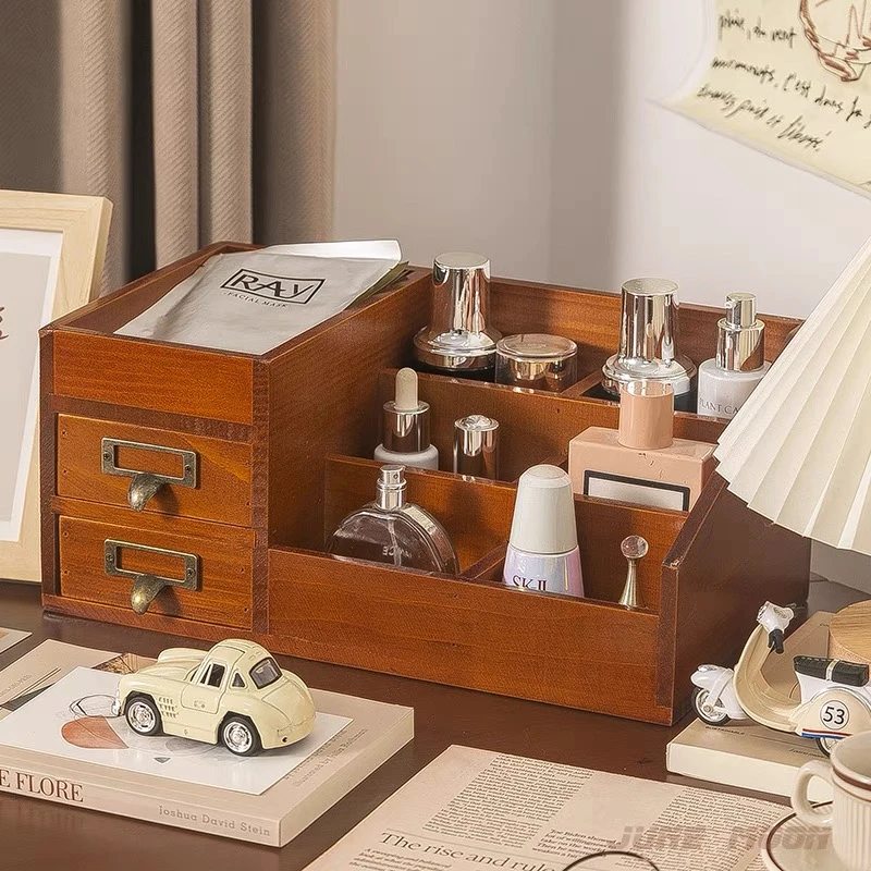 实木松木收纳柜化妆品护肤品整理盒文具盒子大容量家用木制首饰盒