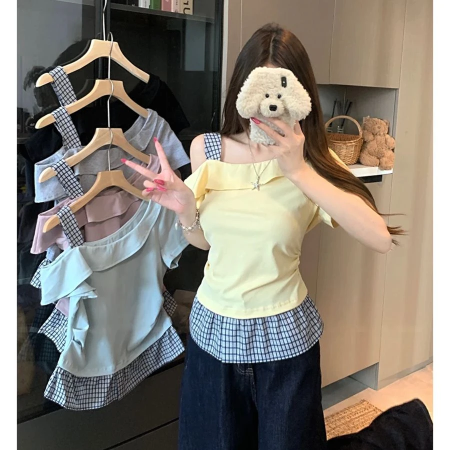 CrimsonTwilight韩系穿搭洋气显瘦露肩上衣女夏季假两件短袖T恤