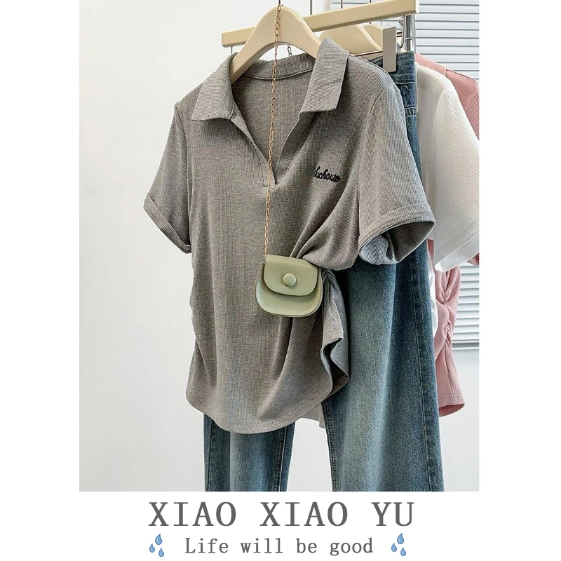 夏季新款大码女装收腰遮肚子短袖T恤微胖妹妹休闲百搭Polo领上衣