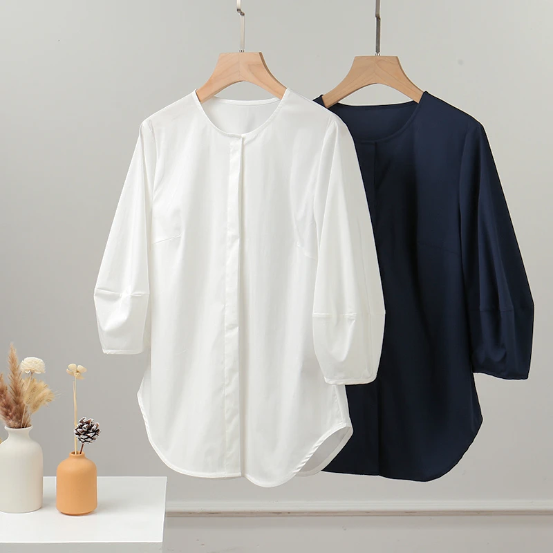 欧洲站春夏装新款圆领羊蹄袖修身显瘦棉锦衬衫女纯色白衬衣