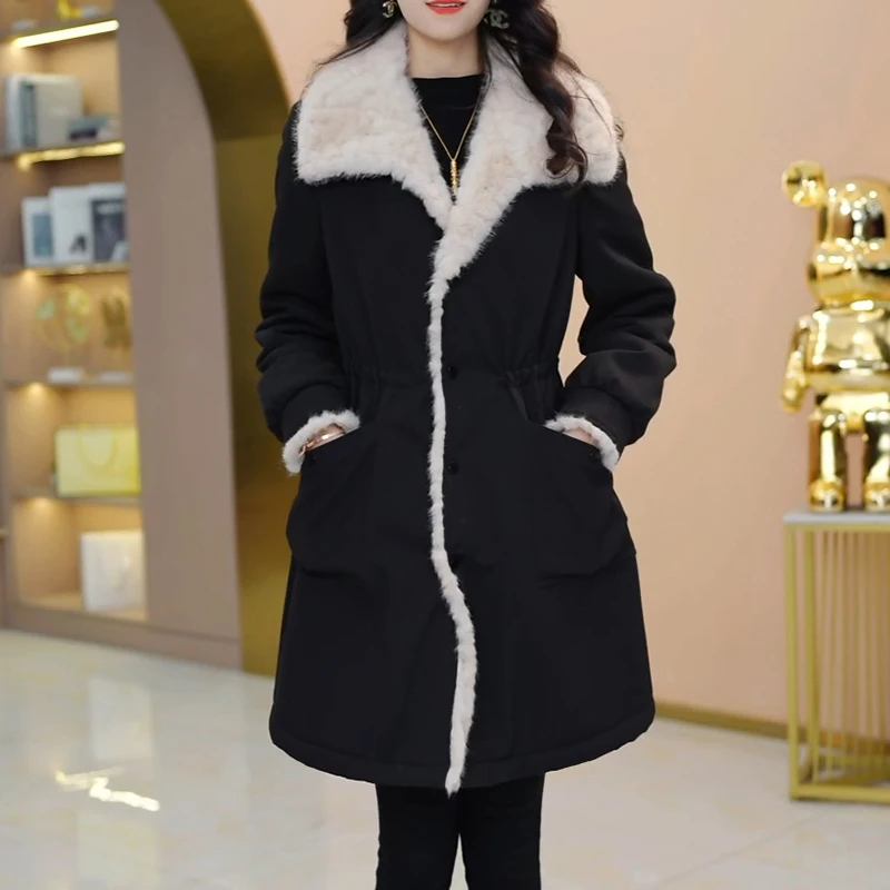 加绒加厚优雅宽松黑色时尚简约中长款外套女2025冬季新款保暖大衣