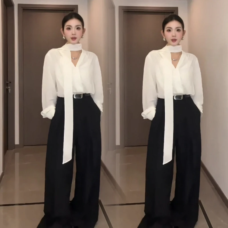 2025显瘦白色V领飘带衬衫设计感小众中长款夏季薄款气质长袖上衣