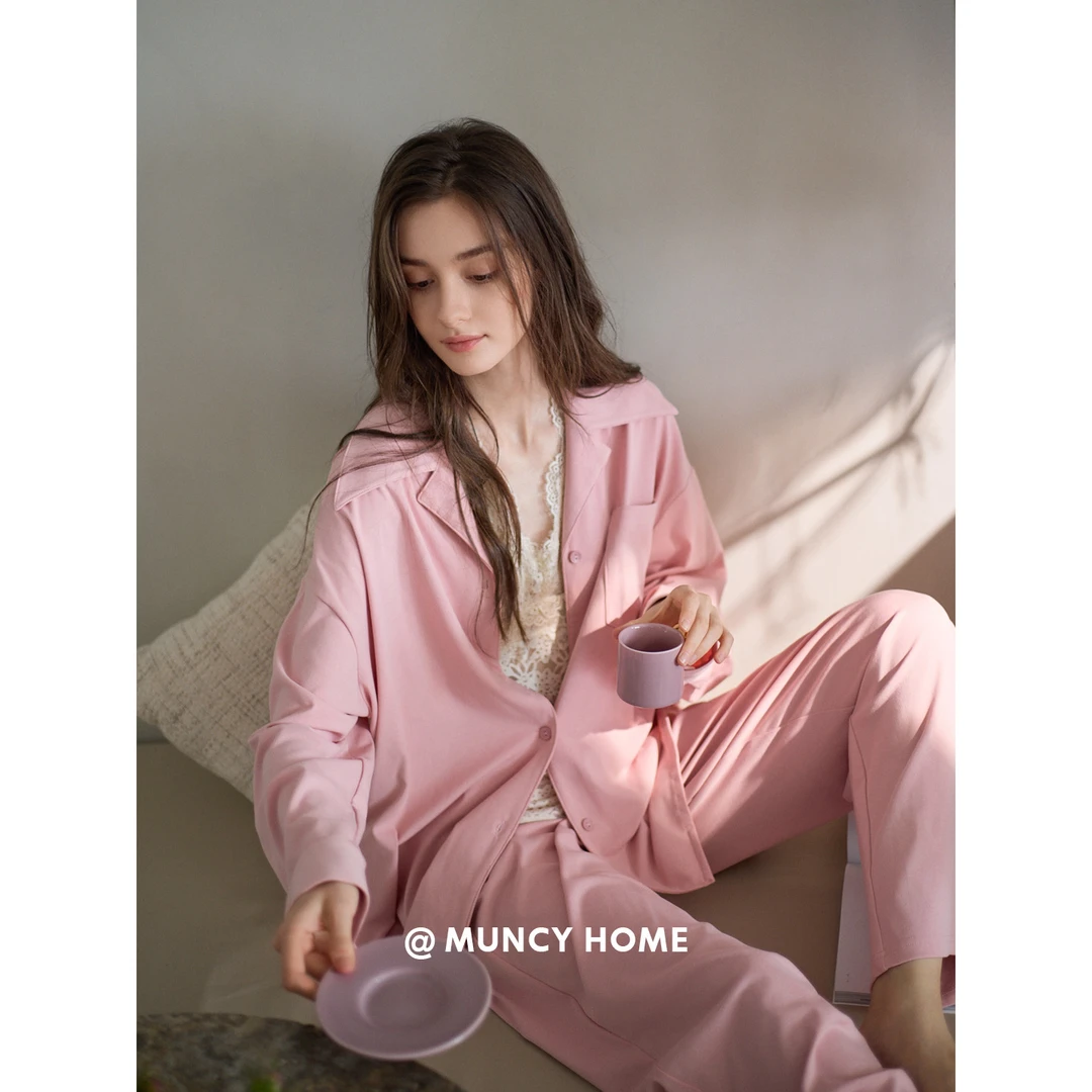 曼系“桃桃有约”长袖睡衣女春秋简约纯色少女香软显白柔软棉套装