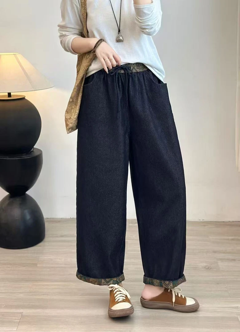 2010秋冬新款正品牛仔裤松紧腰宽松休闲直筒裤女复古时尚百搭裤