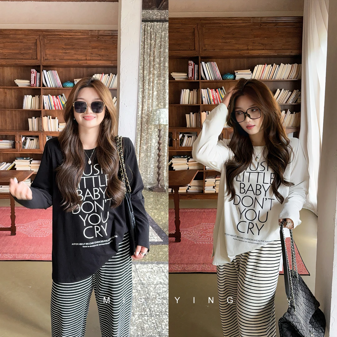 应小姐【街头艺术家】微胖大码显瘦秋季温柔设计时尚百搭字母长袖T