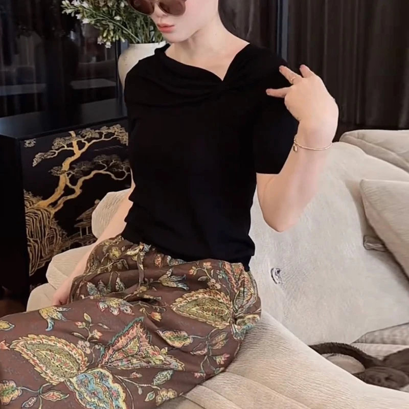 韩系chic绝美纯色不规则荡领收腰薄款针织衫女夏季款修身显瘦上衣