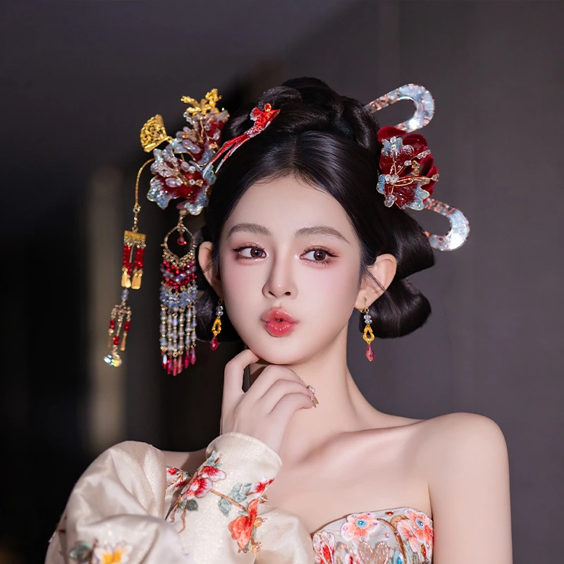 合金婚庆饰品 新娘国风小众新中式手工锦鲤红色花朵新款发饰D0616