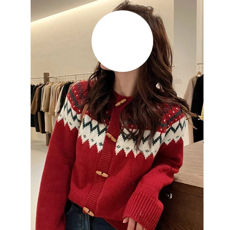 秋冬季新款圣诞氛围感穿搭红色毛衣外套女慵懒风高级感针织开衫