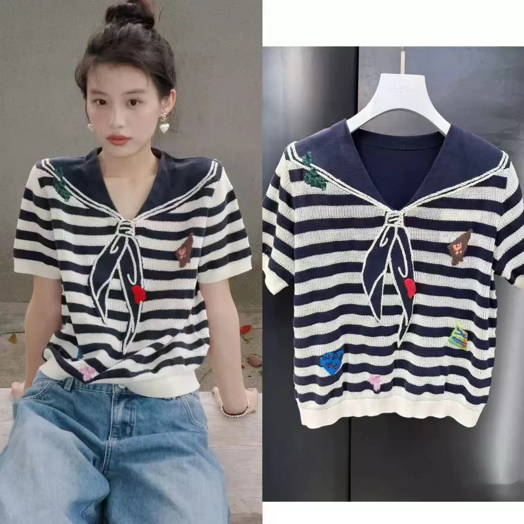 潮牌乌鸦条纹针织衫女短袖2025年夏季新款海军领薄款镂空贴布T恤
