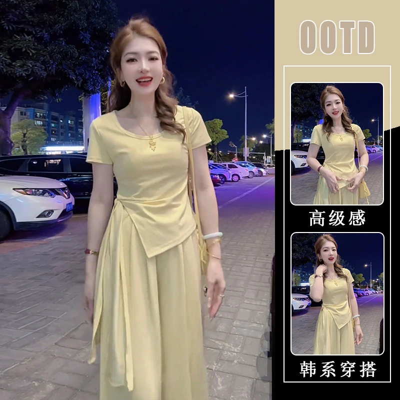 多巴胺绝美黄色系带短袖套装夏女2025新款小清新一整套穿搭阔腿裤