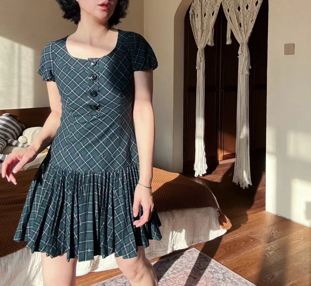 95新 BURBERRY/博柏利 送中检/博柏利绿格纹连衣裙