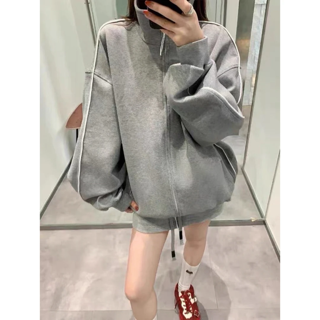 吴大大-立领空气层反光条休闲宽松型立领女慵懒风秋冬拉链外套