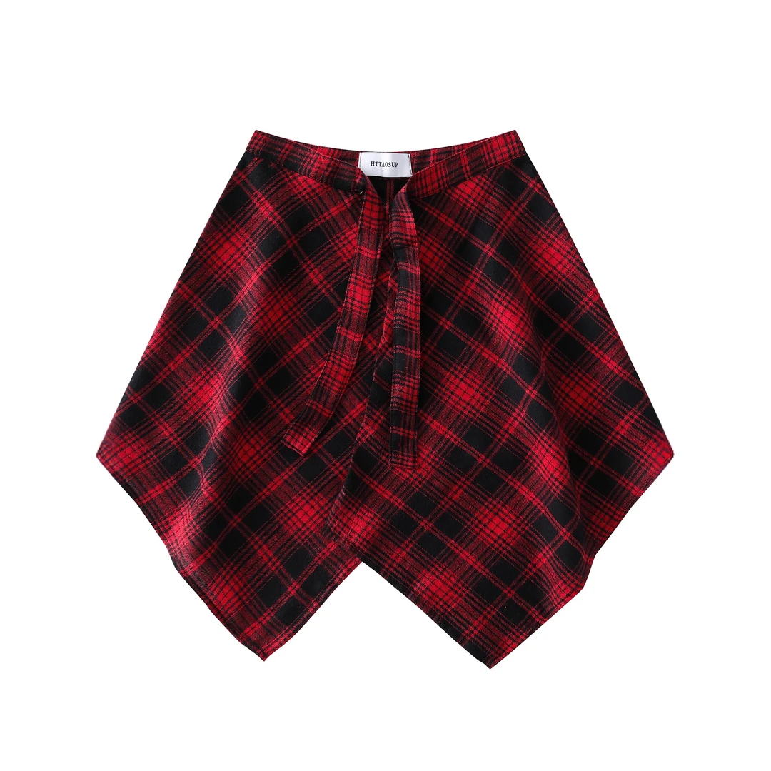 百搭夏季系带休闲一片式屁帘穿搭系带格子遮臀屁帘裙摆装饰衬衫