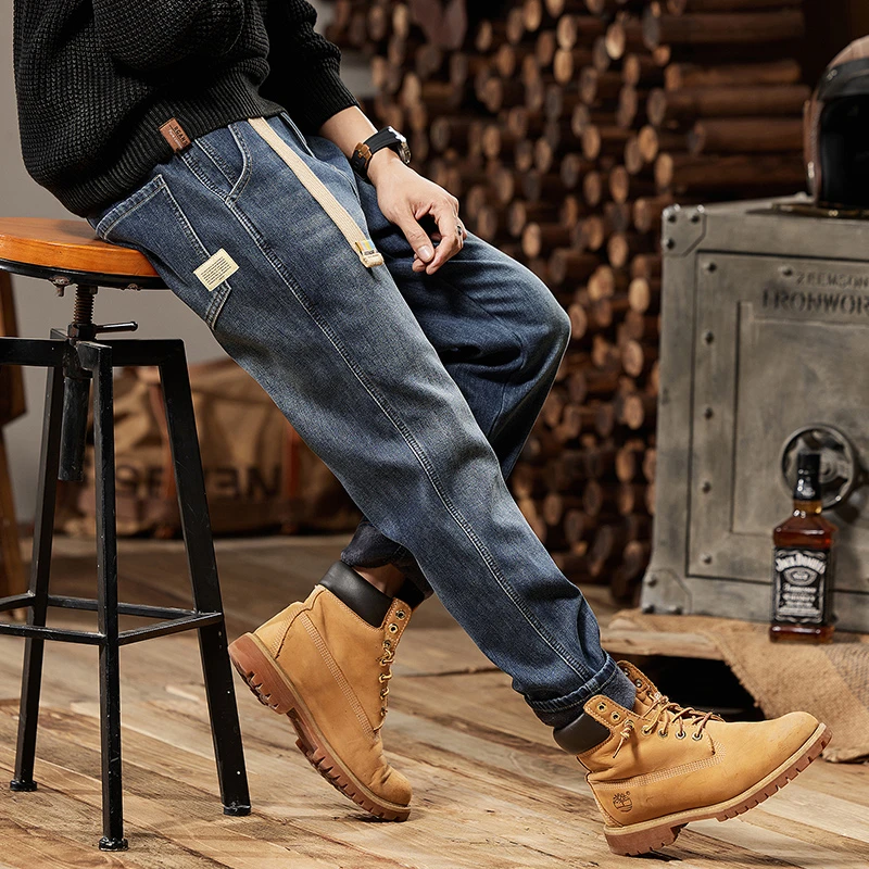 美式复古牛仔裤男士2024秋冬加绒新款潮牌宽松直筒锥形弹力长裤子